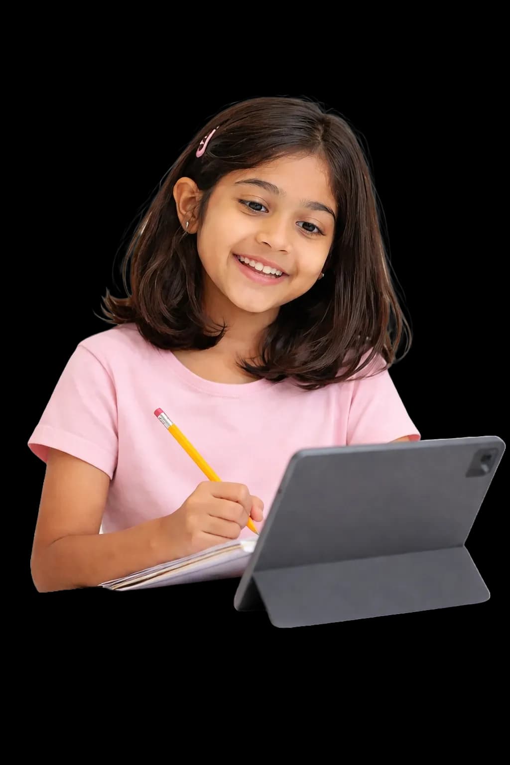 Child attending one-to-one online tuition and writing notes on tablet